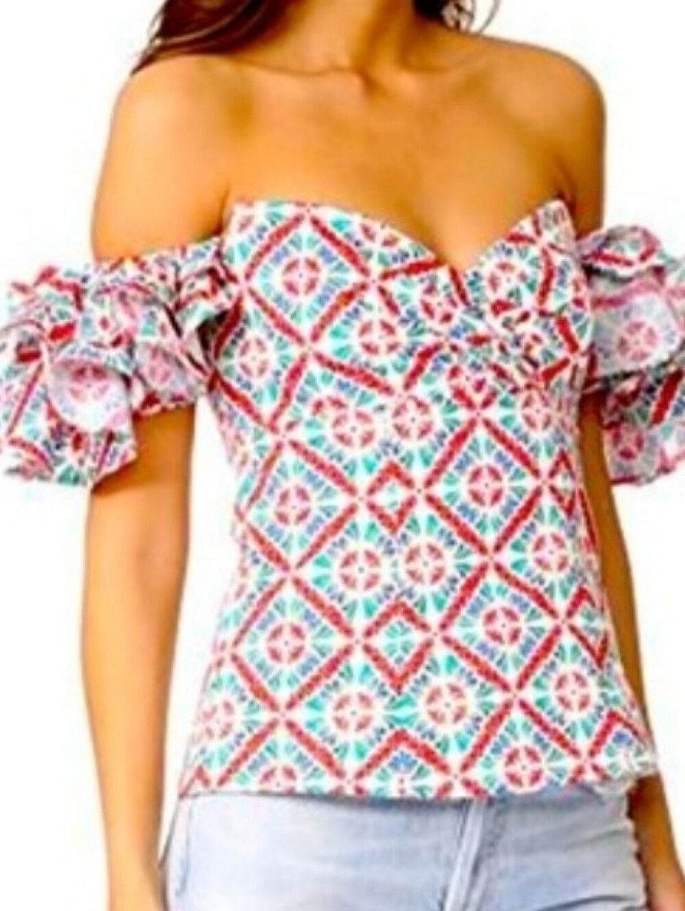 The Caroline Constas Louisa Off-Shoulder Printed Ruffle Sleeve Top - Sz M NWT